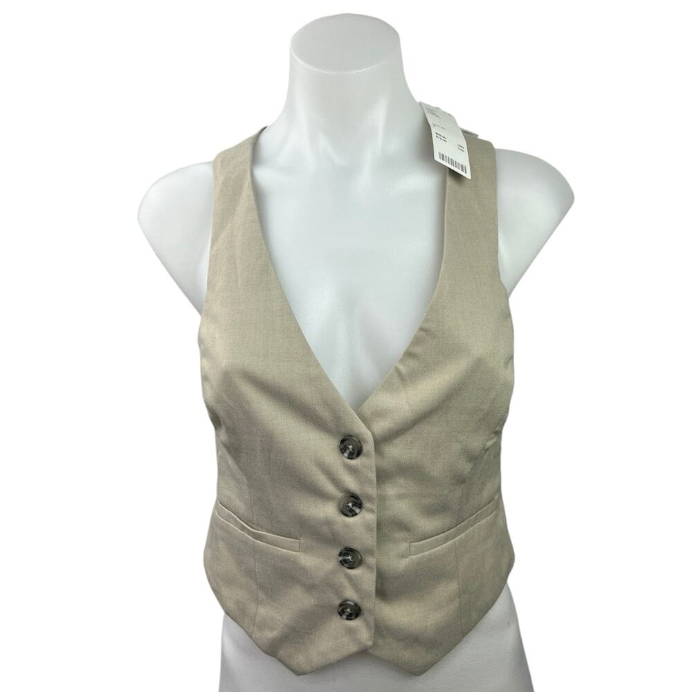 NEW Urban Outfitters Beige Deep V Neck Button Down Sleeveless Vest Top Size S